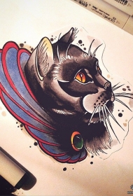 欧美new school彩色猫纹身图案手稿