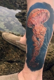 小腿非常逼真的彩色3D水母纹身图案
