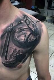 男性胸部3D风格惊人的船锚与指南针纹身图案
