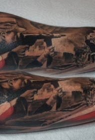 黑灰风格的二战士兵彩色手臂纹身图案