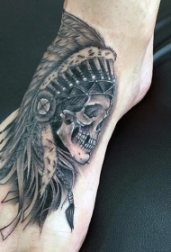 脚背黑色印第安土著骷髅纹身图案