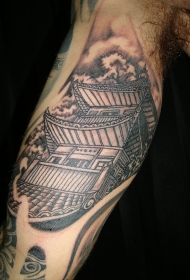 手臂old school黑色的亚洲寺庙纹身图案