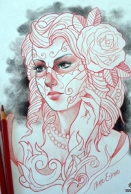 墨西哥女郎玫瑰纹身图案手稿