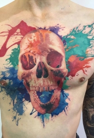 胸部3D骷髅和五彩泼墨纹身图案