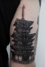 栩栩如生的黑白亚洲寺庙手臂纹身图案