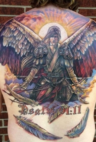 背部3D彩色的天使战士和羽毛字符纹身图案