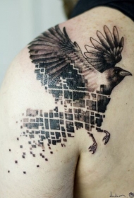 背部抽象几何风格黑白鸟纹身图案