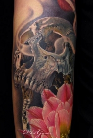 手臂逼真的彩色骷髅与花朵纹身图案