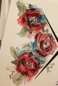 欧美彩色泼墨玫瑰纹身图案手稿