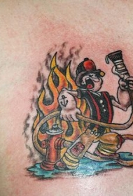 卡通消防员灭火彩色纹身图案