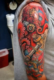 手臂彩色航海主题章鱼和船锚纹身图案