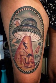 old school大腿彩色房子人类和外星飞船纹身图案
