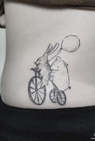 背部兔子老鼠自行车气球卡通线条点刺纹身图案