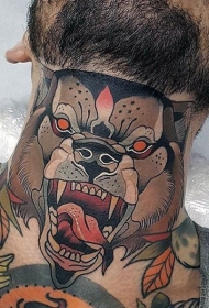 颈部美国传统彩色的邪恶狗头像纹身图案