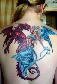 背部卡通风格彩色天使与魔鬼怪物纹身图案