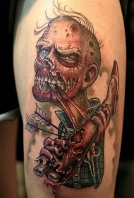 卡通彩色僵尸与人类的腿和箭头手臂纹身图案