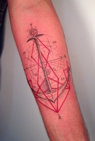 手臂彩色的科学风船锚纹身图案
