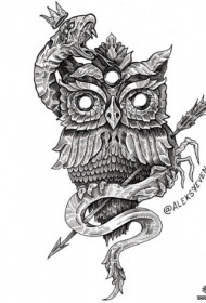 欧美猫头鹰蛇黑灰纹身图案手稿