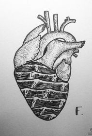 点刺心脏海浪欧美纹身图案手稿