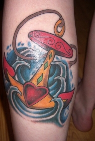 小腿墨西哥风格船锚与心形纹身图案