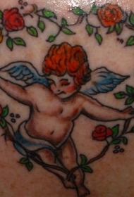 心形的玫瑰和天使彩色纹身图案