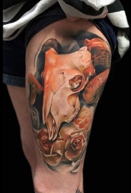 大腿3D彩色的动物头骨和玫瑰纹身图案