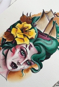 欧美school女郎玫瑰花帆船纹身图案手稿