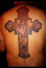 背部大十字架与天使花朵纹身图案