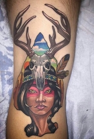old school印度女人与鹿头骨彩色腿部纹身图案