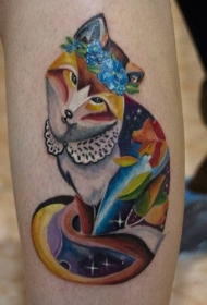 小腿3D可爱的彩色狐狸与花卉纹身图案