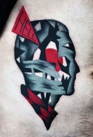 腹部抽象风格的彩色神秘男子纹身图案
