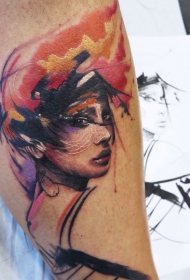 小腿抽象风格彩色美丽的女人脸纹身图案