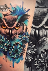 小臂猫头鹰花蕊泼墨水彩纹身图案