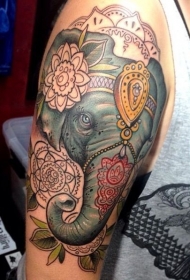 华丽的大象和梵花彩色手臂纹身图案