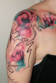 女生肩部抽象风格的各色花卉纹身图案