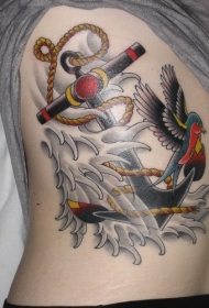 多彩的船锚波浪与鸟燕子侧肋纹身图案