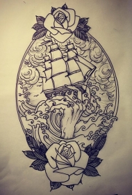 school欧美手帆船海浪玫瑰纹身图案手稿
