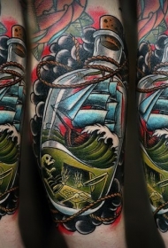 新传统风格的彩色瓶子帆船和骷髅手臂纹身图案
