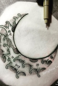 小清新浪花点刺月亮纹身图案手稿