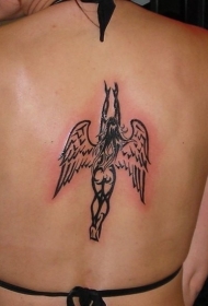 黑色线条女孩天使背部纹身图案
