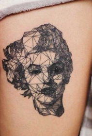 大腿抽象风格的几何黑色玛丽莲梦露肖像纹身图案