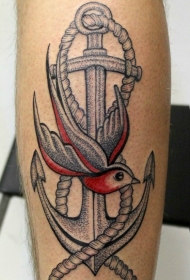 点刺风格船锚与燕子小腿纹身图案