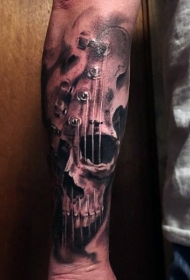 独特的组合黑白骷髅与吉他手臂纹身图案