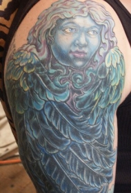 蓝色翅膀的天使女孩纹身图案