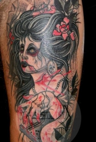 old school手臂彩色的僵尸女性与鲜花纹身图案