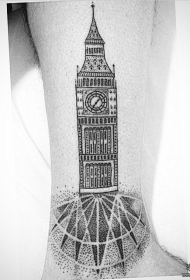 小腿钟楼建筑点刺纹身图案