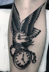 小腿传统美国老鹰与钟表黑白纹身图案