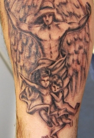 男性天使与儿童黑色纹身图案
