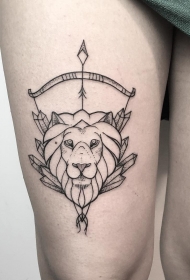 大腿狮子射手座点刺线条纹身图案