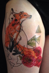 水彩狐狸和玫瑰彩色大腿纹身图案